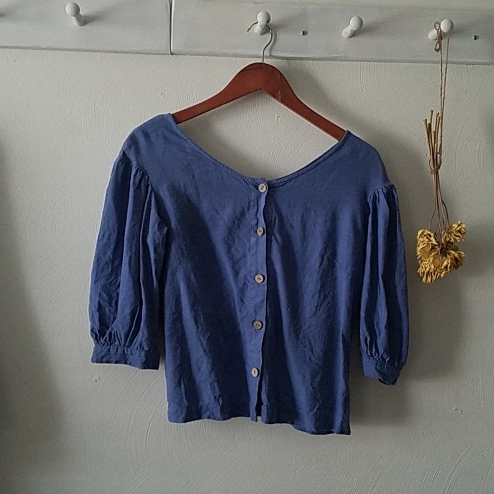 Offon puffed sleeve top in steel blue